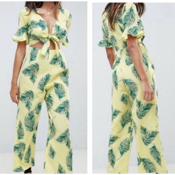 ASOS Pants - Asos Cut Out Tie Front Tropical Palm Print Jumpsuit Cotton Linen US 12 UK 16